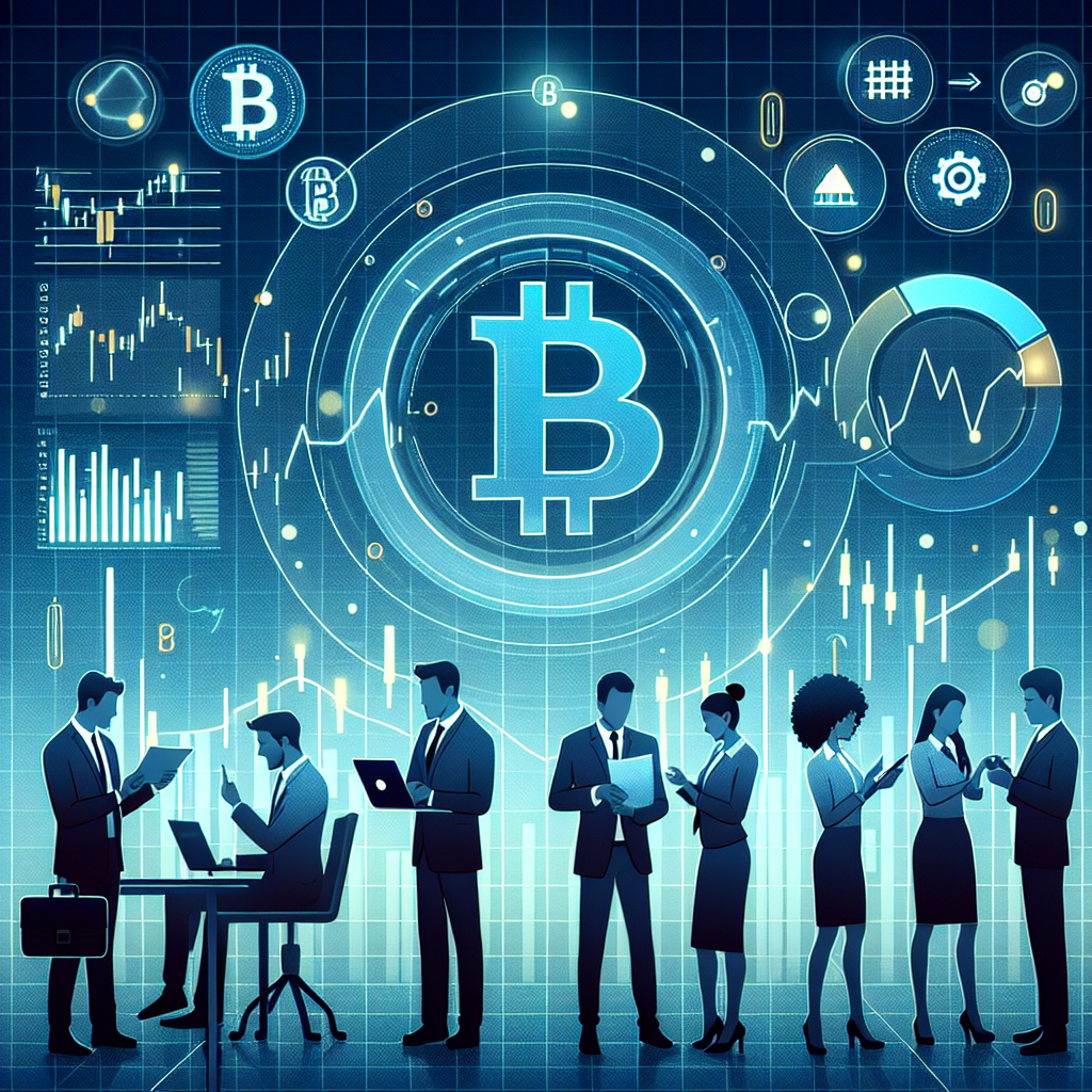 Illustrasjon av Bitcoin-markedet: graf med volatil prisbevegelse, markedsindikatorer og investorer som analyserer data, moderne og profesjonelt utseende, blåtoner