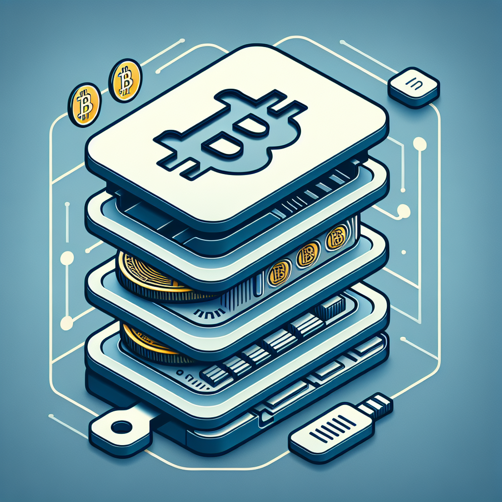 Illustrasjon av lagdelt Bitcoin-sikkerhet: hardware-lommebok, multisig-ikon, metallbackup, norsk minimalistisk design, blå og grå toner