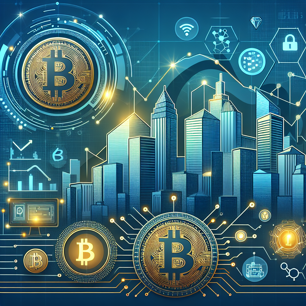 Illustrasjon av en moderne, digital økonomi: grafiske kurver, Bitcoin-symbol, bysilhuett og teknologiske ikoner i blå og gull fargetoner